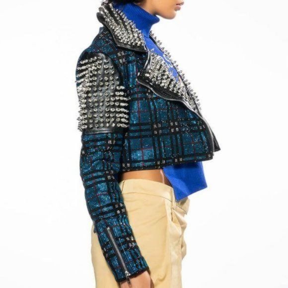 Callie Berry Bling: Teal Plaid Rhinestone Silver Studded Black Moto Jacket - Picture 5 of 12